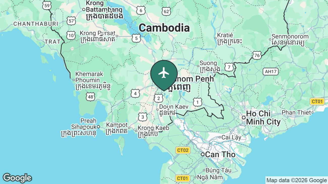 Map showing the location of Phnom Penh's Techo International Airport (KTI) in Cambodia