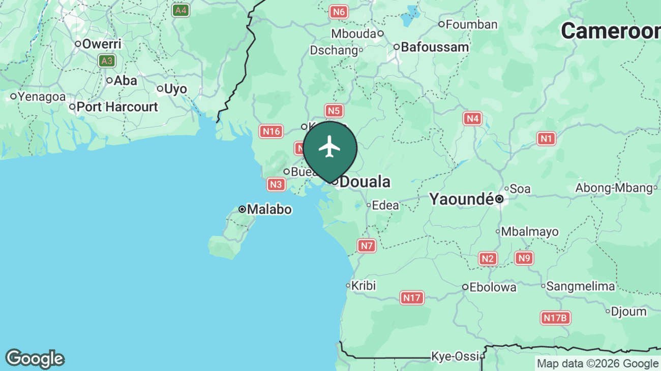 Map showing the location of Douala International Airport (DLA) in Cameroon