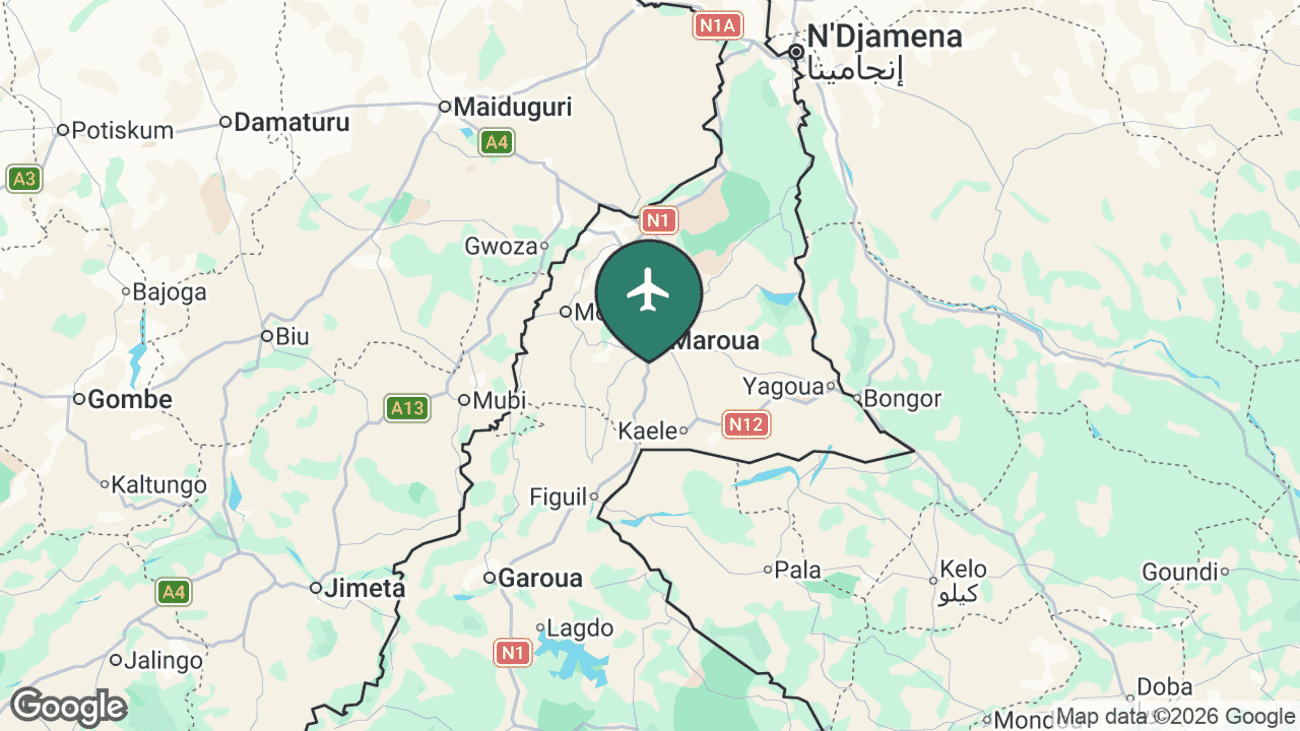 Map showing the location of Maroua Salak Airport (MVR) in Cameroon