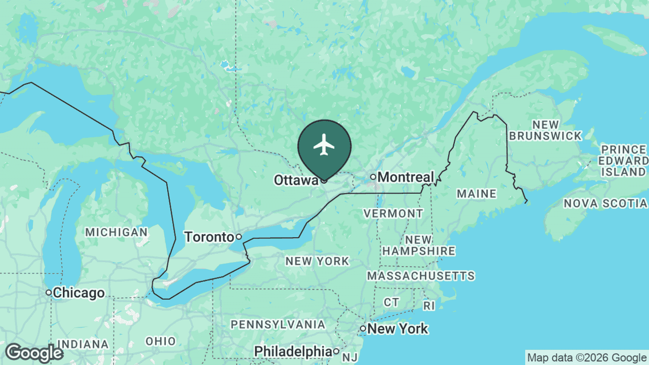 Map showing the location of Ottawa Macdonald-Cartier International Airport (YOW) in Canada