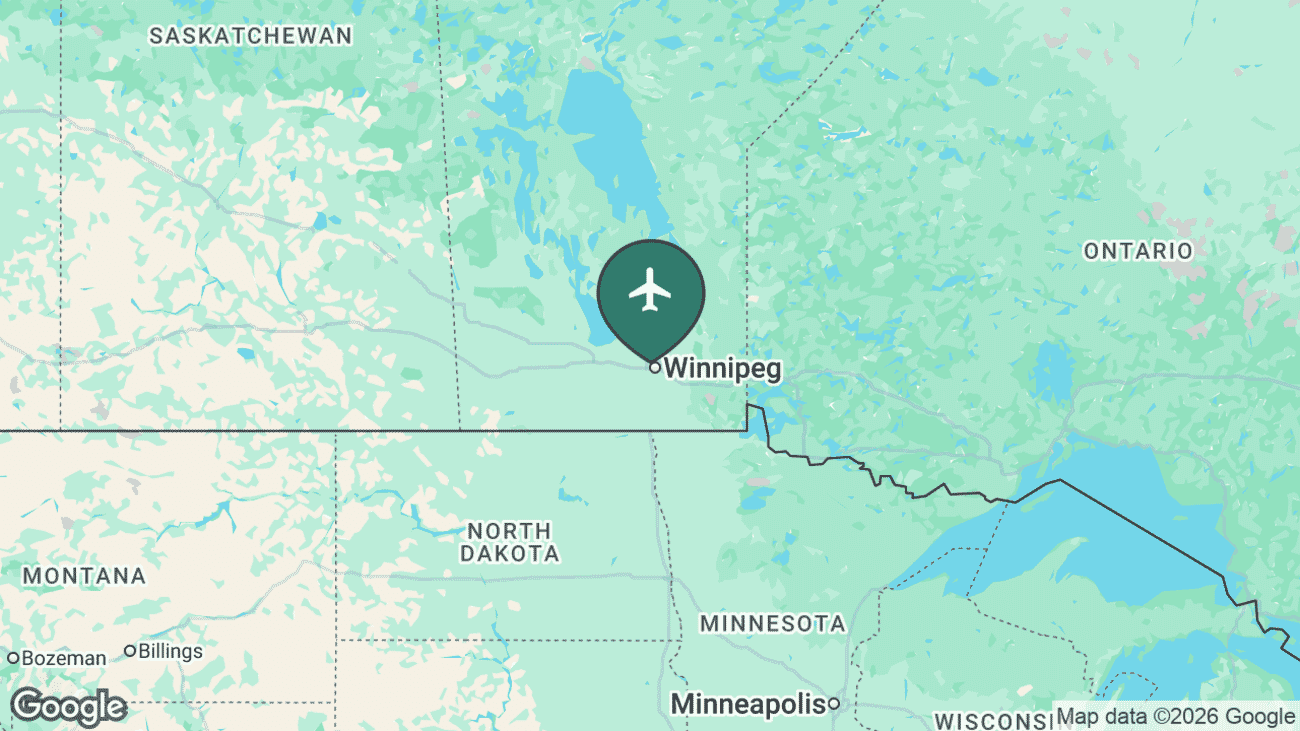 Map showing the location of Winnipeg James Armstrong Richardson International Airport (YWG) in Canada