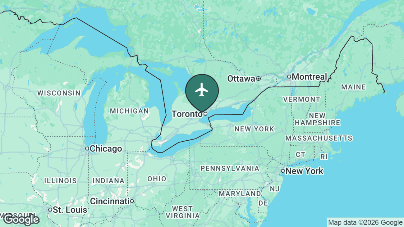 Map showing the location of Toronto Pearson International Airport (YYZ) in Canada