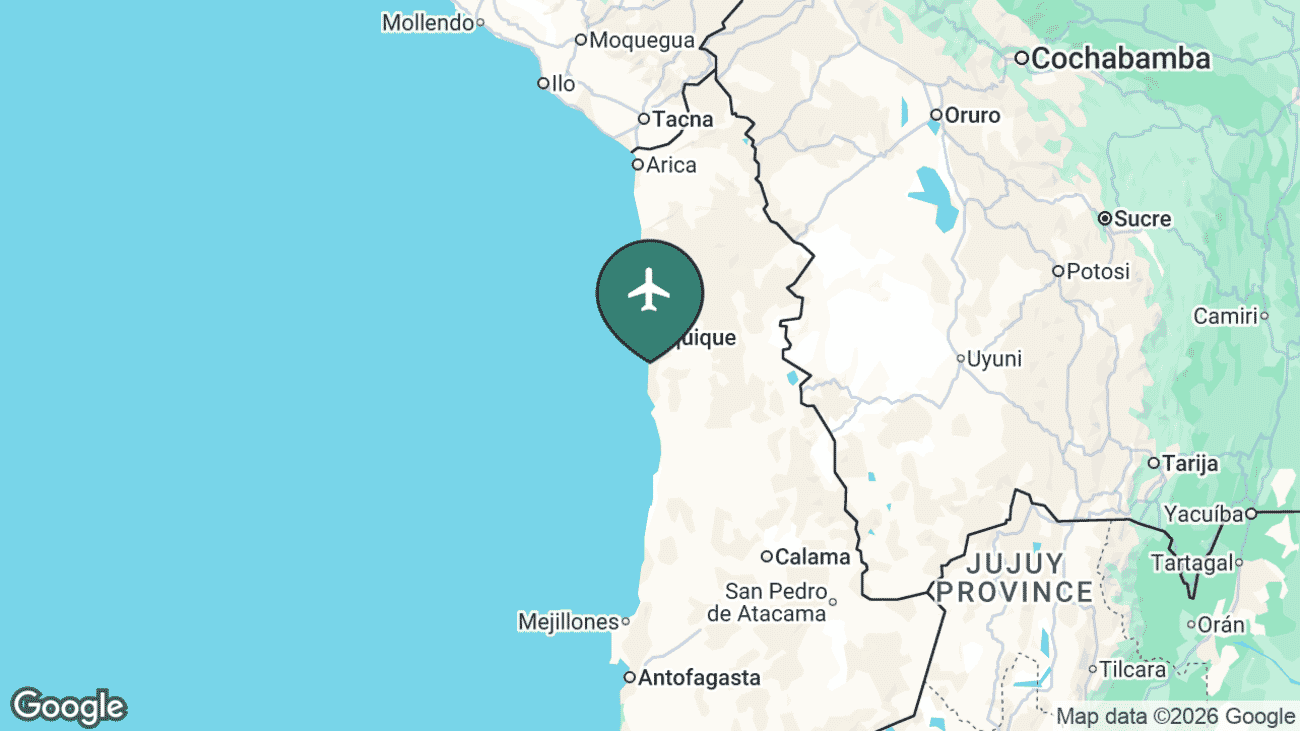 Map showing the location of Iquique Airport (IQQ) in Chile