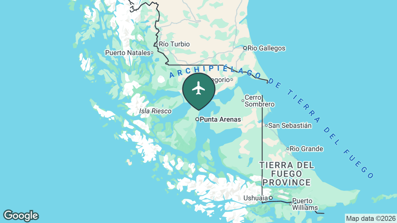 Map showing the location of Punta Arenas Airport (PUQ) in Chile