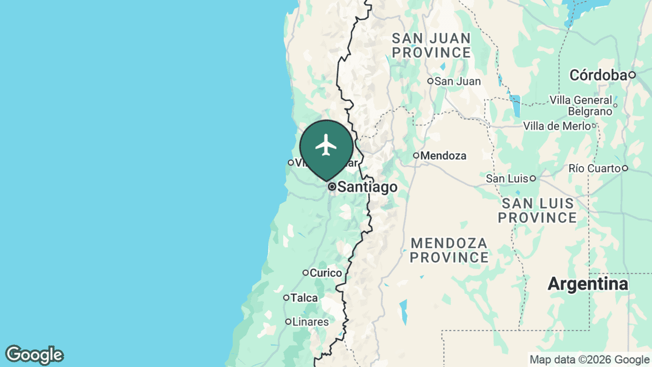 Map showing the location of Santiago Airport (SCL) in Chile