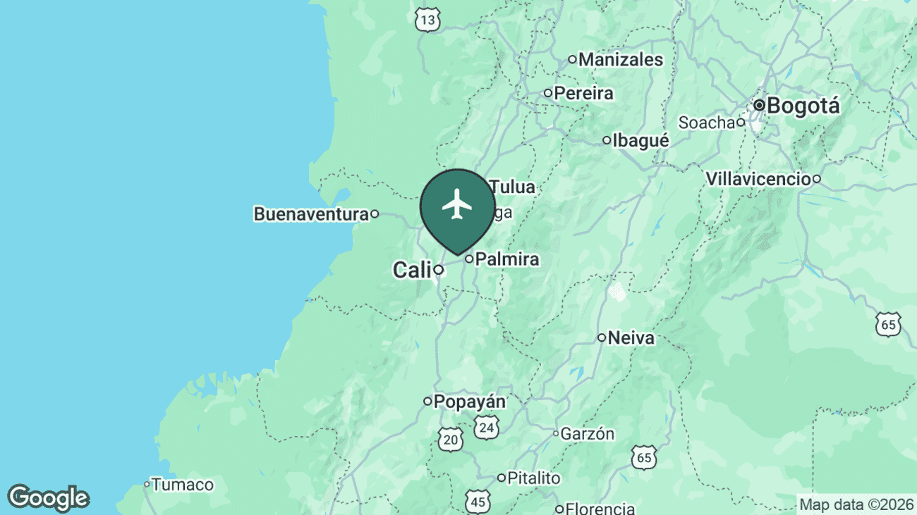Map showing the location of Alfonso Bonilla Aragón International Airport (CLO) in Colombia