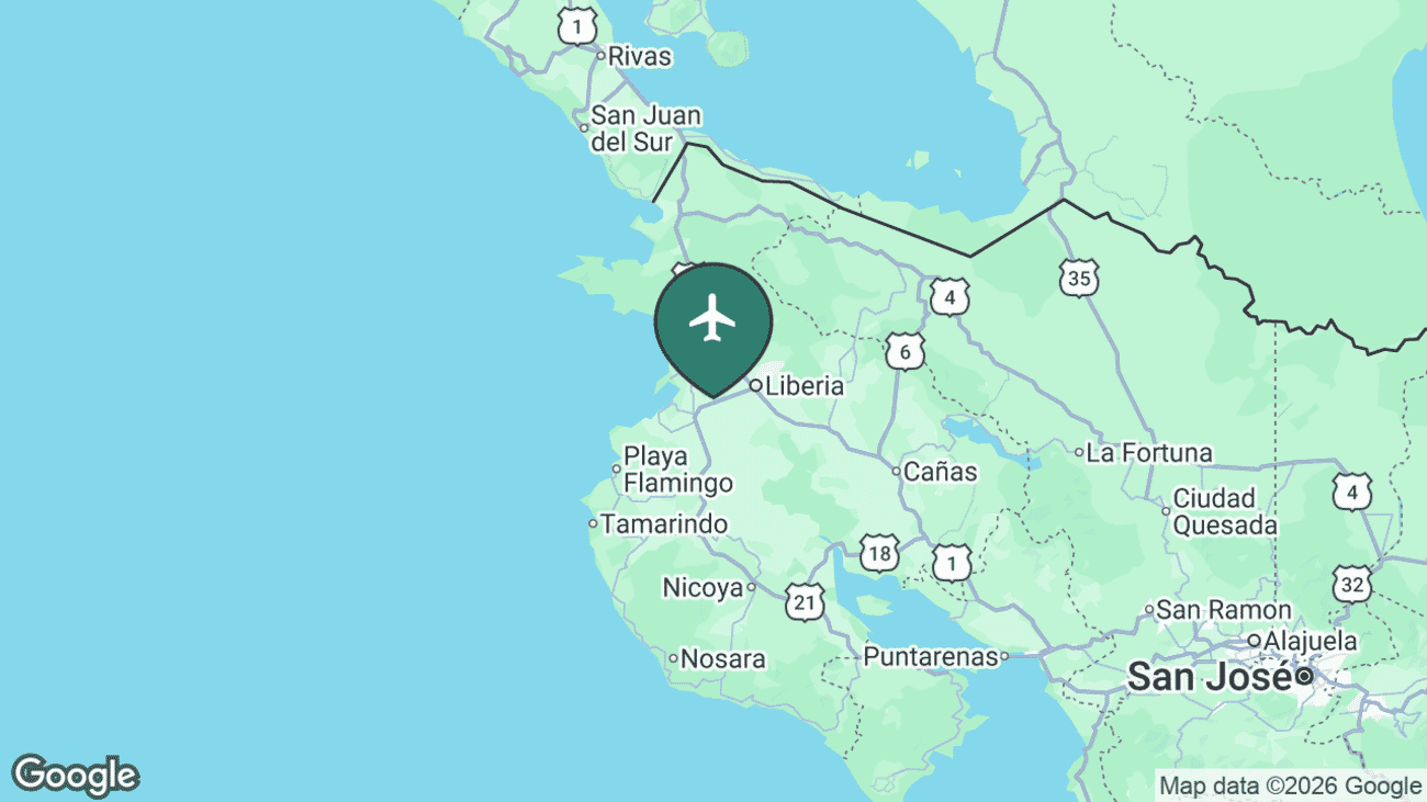 Map showing the location of Daniel Oduber Quirós International Airport (Guanacaste) in Costa Rica