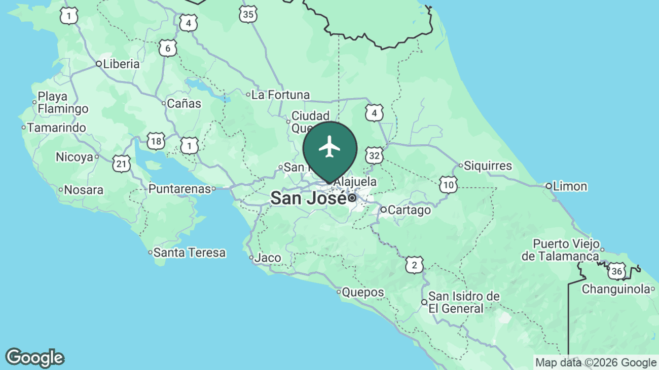 Map showing the location of Juan Santamaría International Airport in Costa Rica