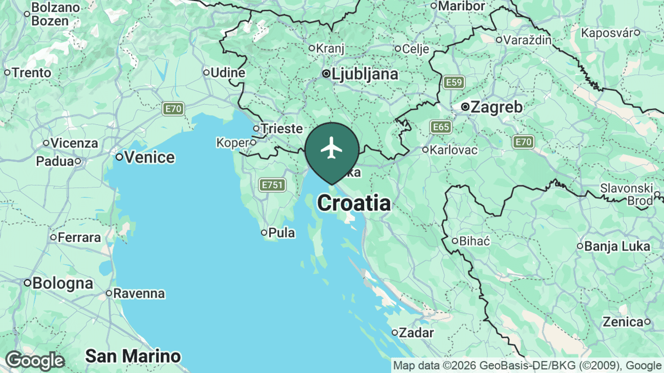 Map showing the location of Rijeka Airport (RJK) in Croatia