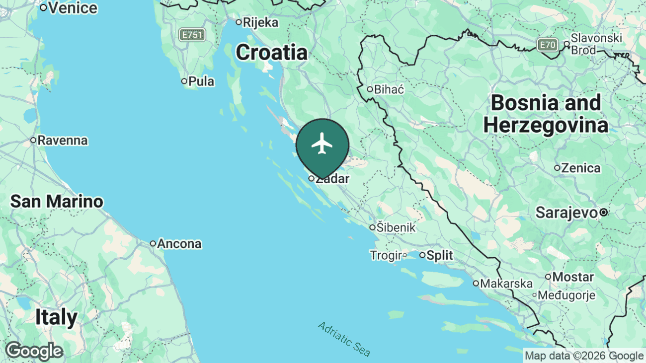 Map showing the location of Zadar Airport (ZAD) in Croatia