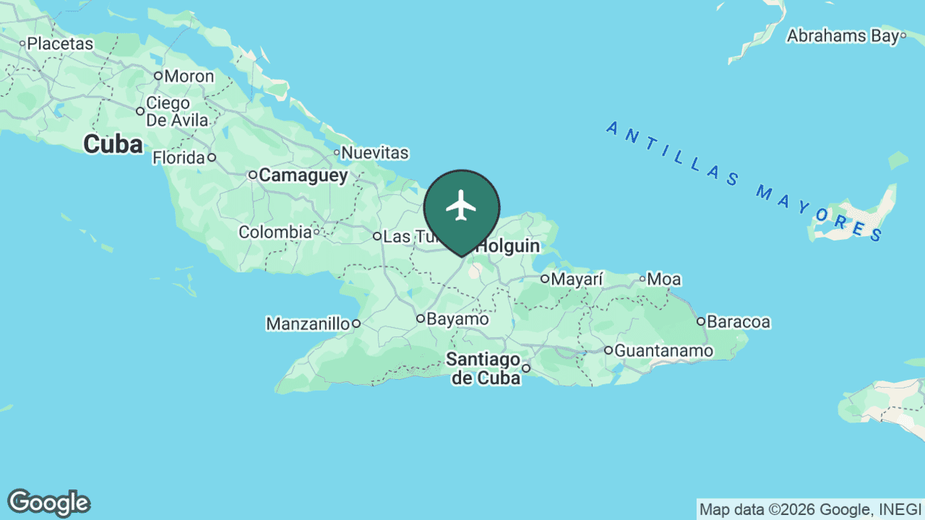 Map showing the location of Frank País International Airport (HOG) at Holguín, Cuba
