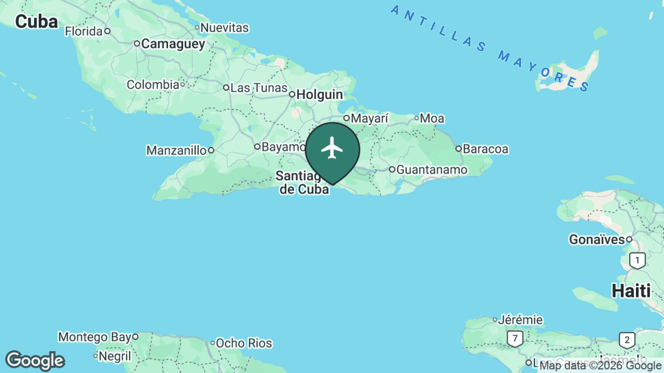 Map showing the location of Antonio Maceo International Airport (SCU) at Santiago de Cuba, Cuba