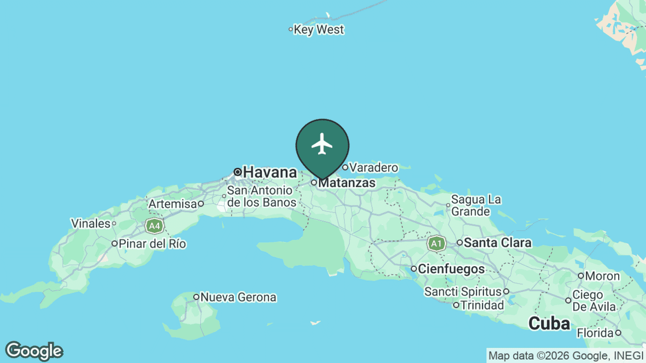 Map showing the location of Juan Gualberto Gómez International Airport (VRA) at Varadero, Cuba