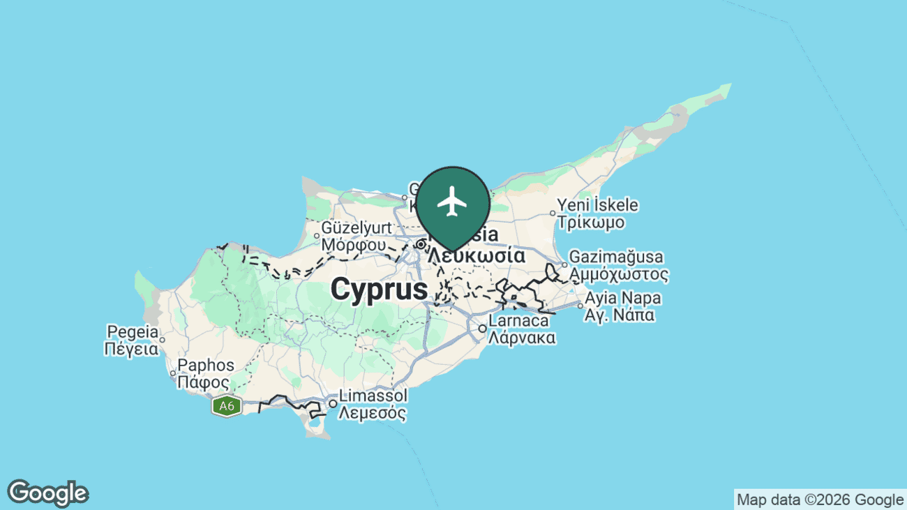 Map showing the location of Ercan Airport (ECN) in the north of Cyprus, near Nicosia