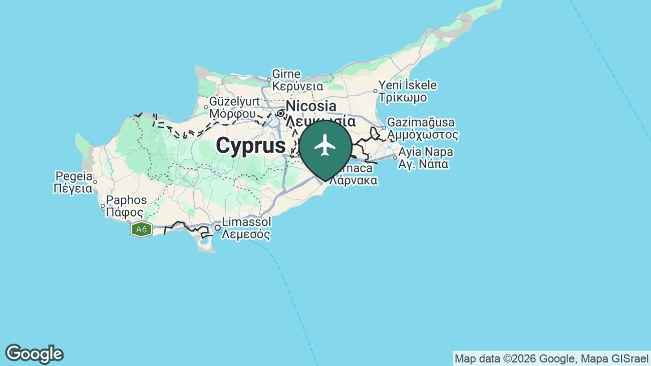 Map showing the location of Larnaca International Airport (LCA) in Cyprus