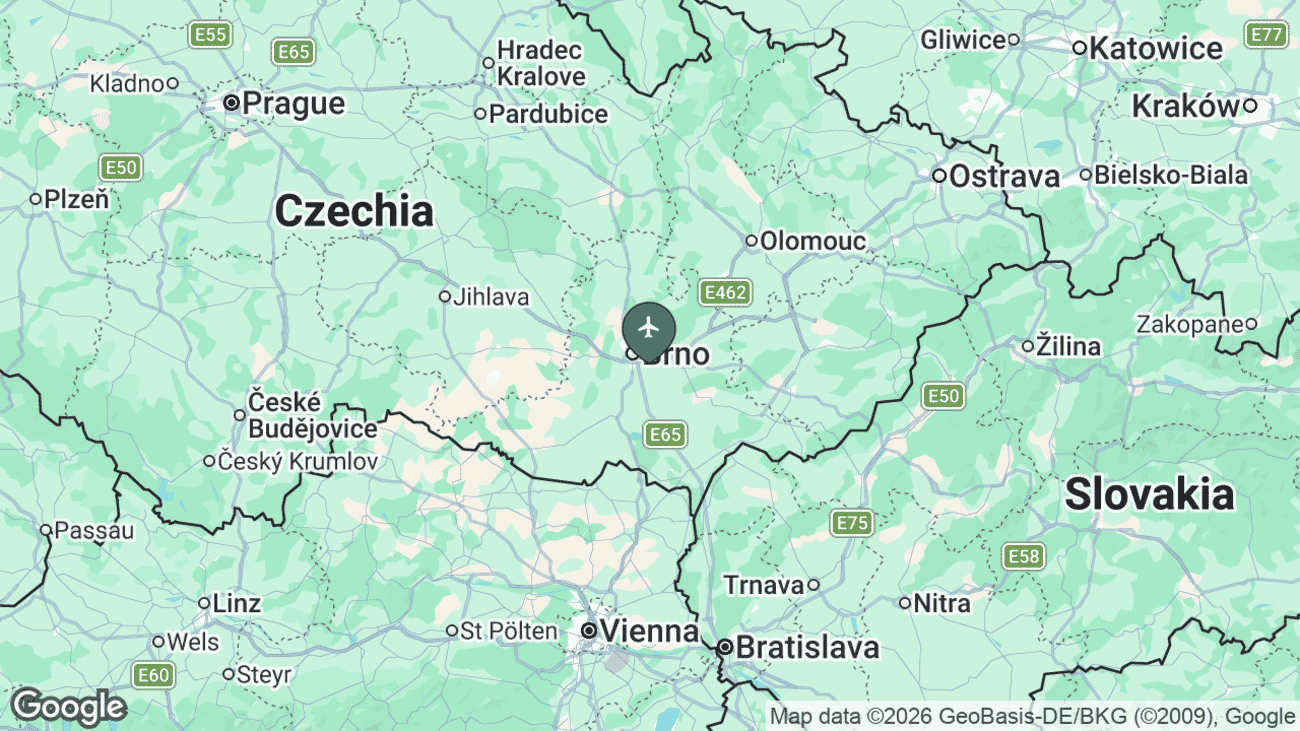 Map showing the location of Brno-Tuřany Airport (BRQ) near Brno, Czech Republic