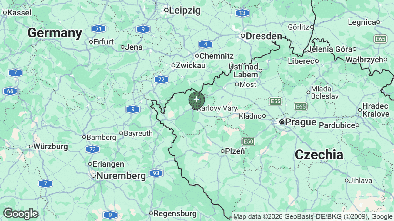 Map showing the location of Karlovy Vary Airport (KLV) near Karlovy Vary, Czech Republic