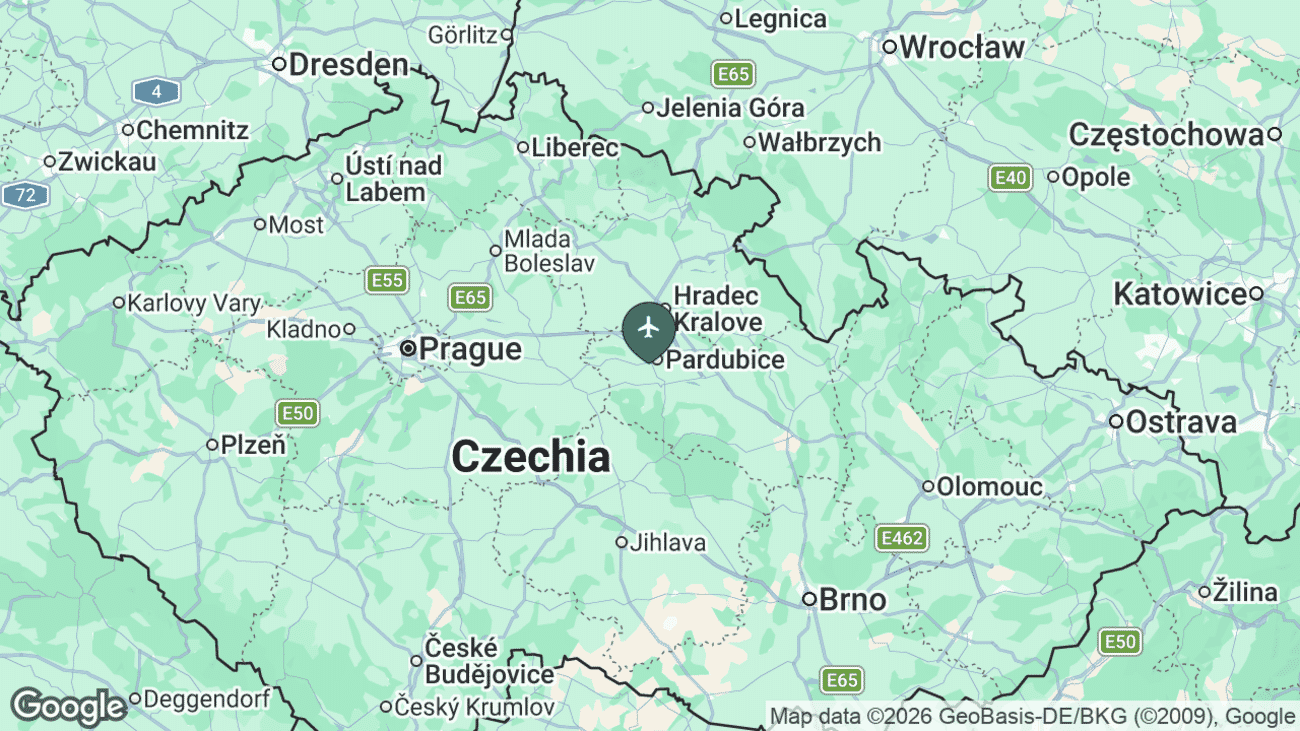 Map showing the location of Pardubice Airport (PED) near Pardubice, Czech Republic