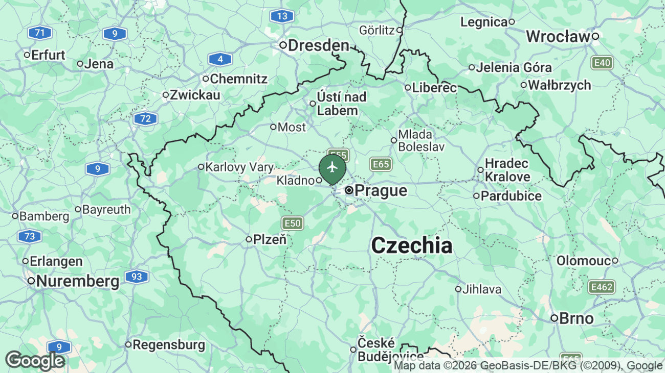 Map showing the location of Václav Havel Airport Prague (PRG) near Prague, Czech Republic