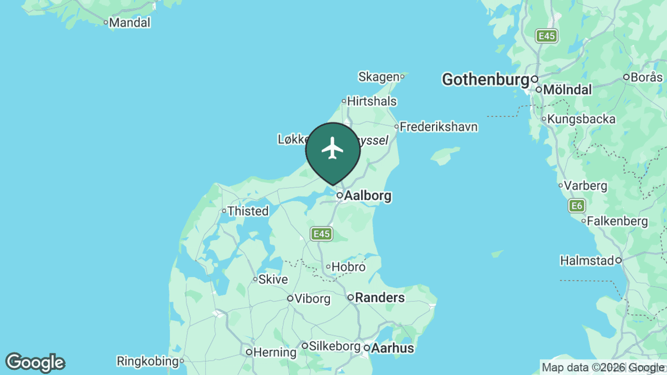 Map showing the location of Aalborg Airport (AAL) in North Jutland, Denmark