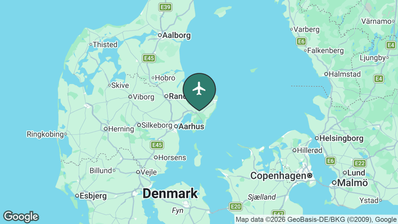 Map showing the location of Aarhus Airport (AAR) at Tirstrup, northeast of Aarhus, Denmark