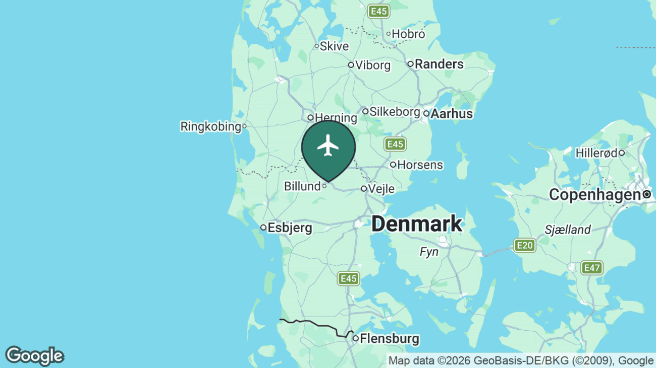 Map showing the location of Billund Airport (BLL) in central Jutland, Denmark