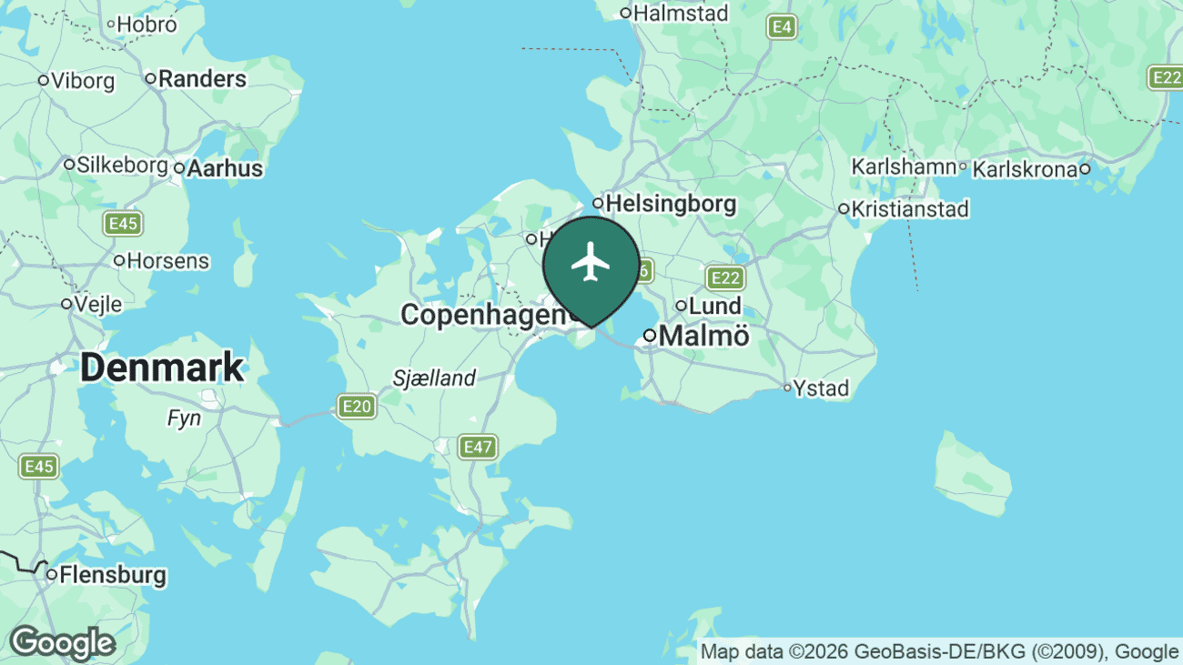 Map showing the location of Copenhagen Airport (CPH) at Kastrup, just southeast of central Copenhagen