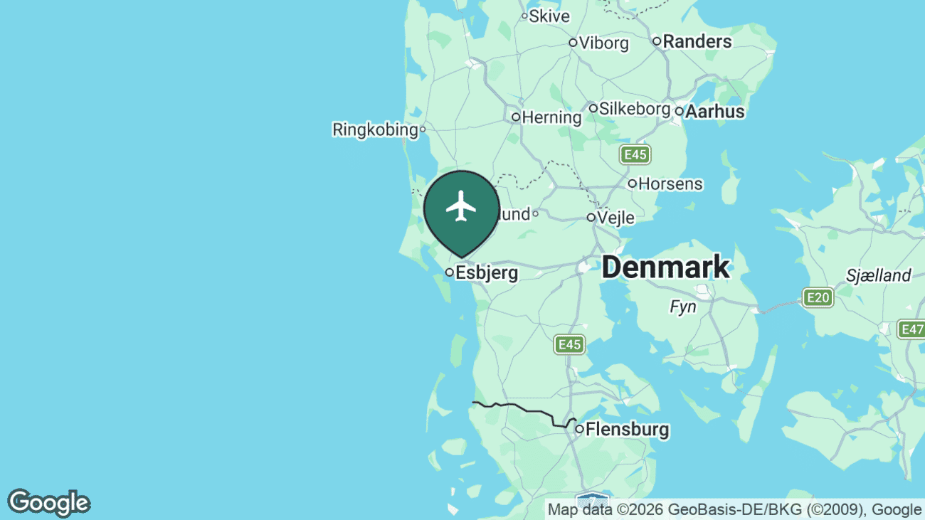 Map showing the location of Esbjerg Airport (EBJ) on the west coast of Jutland, Denmark