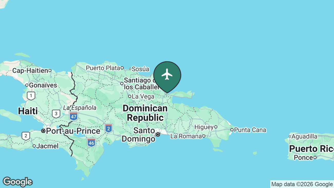 Map showing the location of Samaná El Catey International Airport (AZS) on the Samaná peninsula in the north-east