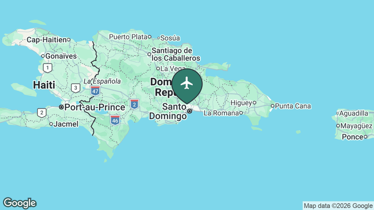 Map showing the location of La Isabela / Dr. Joaquín Balaguer International Airport (JBQ) just north of Santo Domingo