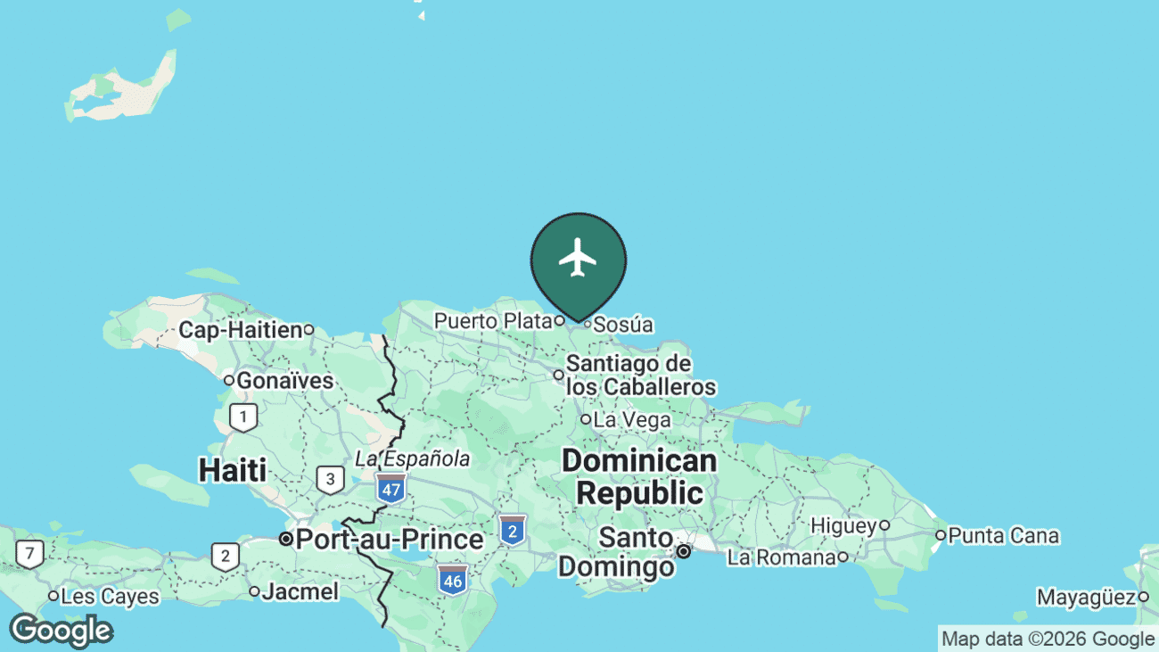 Map showing the location of Gregorio Luperón International Airport (POP) near Puerto Plata on the north coast