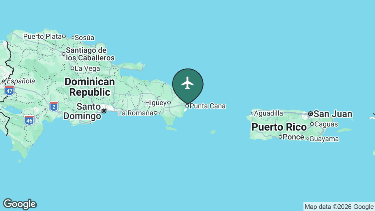Map showing the location of Punta Cana International Airport (PUJ) on the eastern tip of the Dominican Republic