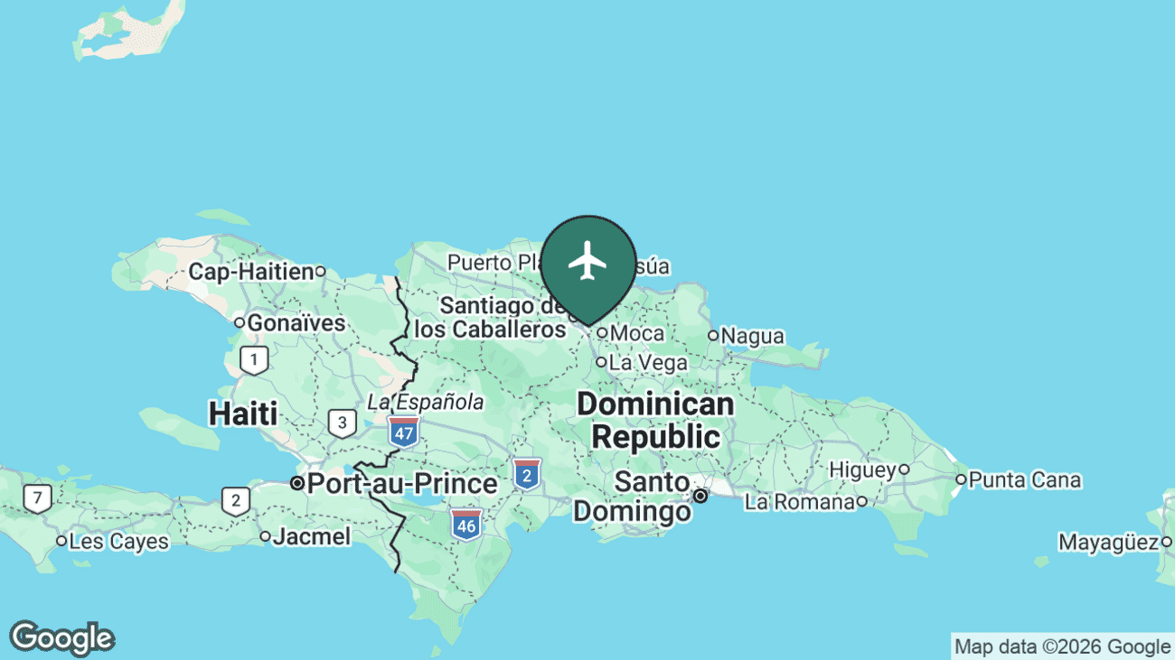 Map showing the location of Cibao International Airport (STI) at Santiago in the interior Cibao valley