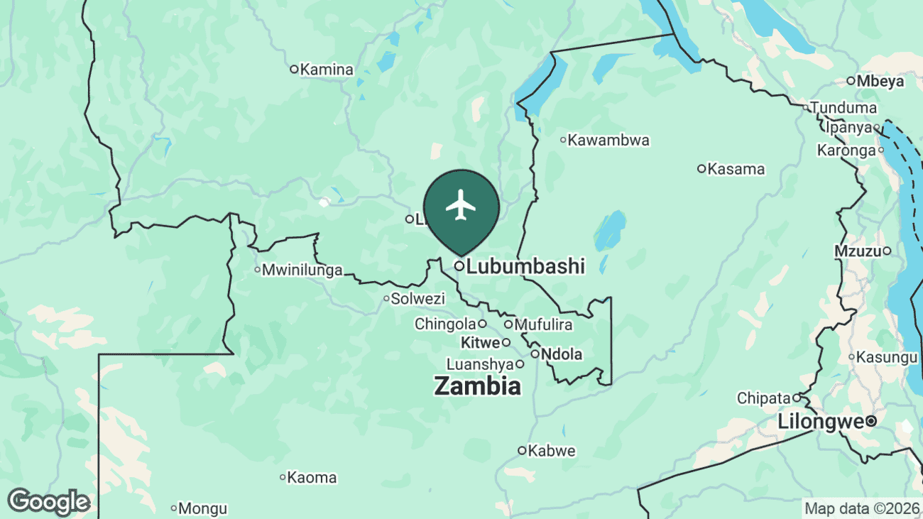 Map showing the location of Lubumbashi International Airport (FBM) in the Democratic Republic of the Congo