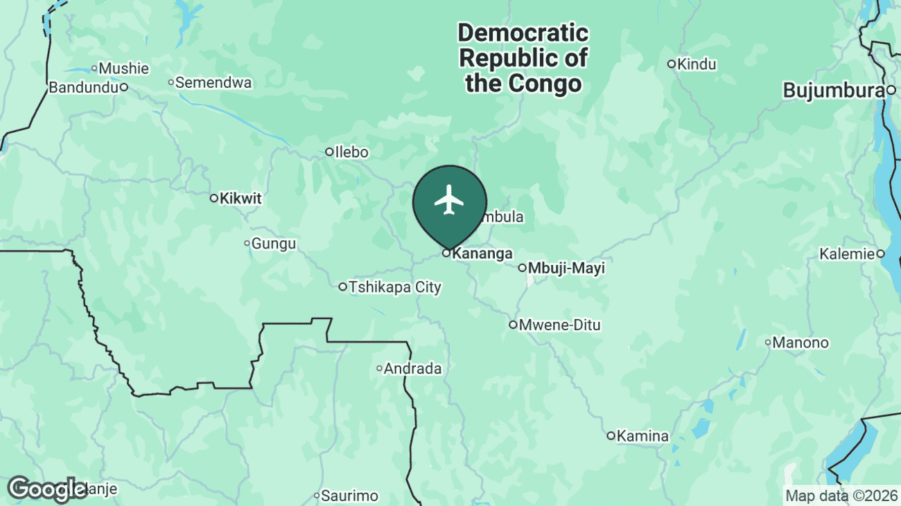 Map showing the location of Kananga Airport (KGA) in the Democratic Republic of the Congo