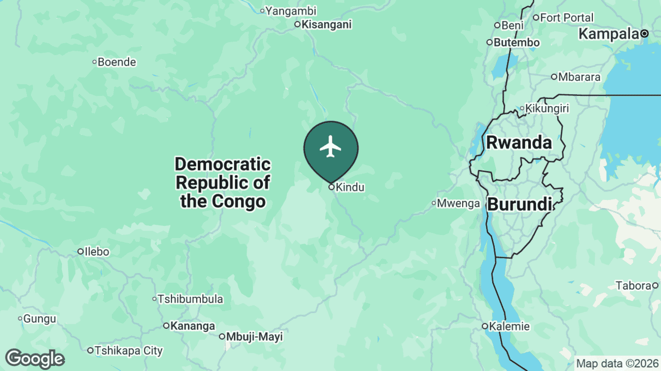 Map showing the location of Kindu Airport (KND) in the Democratic Republic of the Congo