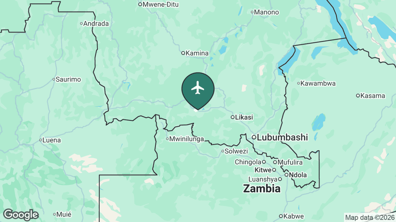Map showing the location of Kolwezi Airport (KWZ) in the Democratic Republic of the Congo
