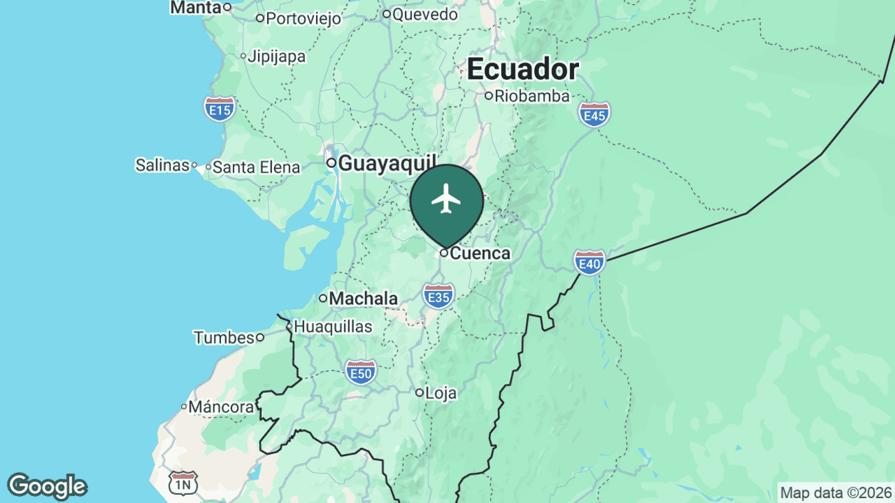 Map showing the location of Mariscal Lamar International Airport (CUE) near Cuenca, Ecuador