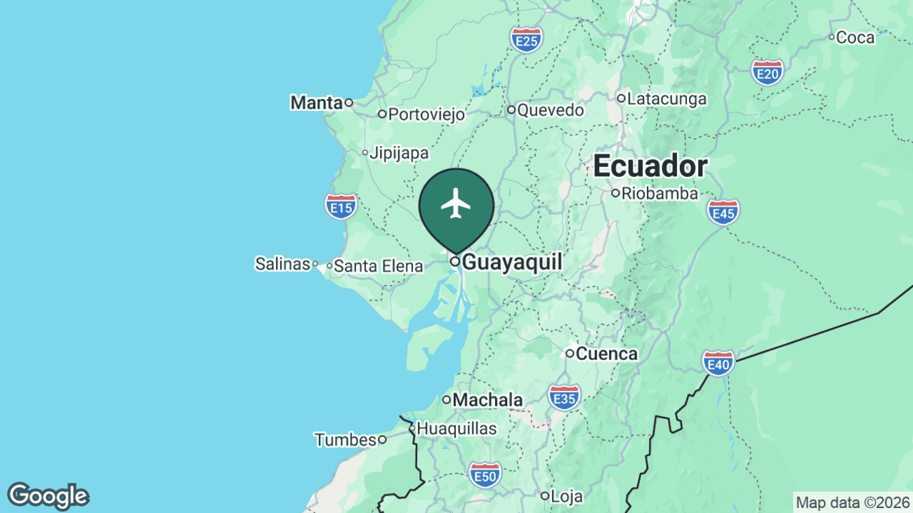 Map showing the location of José Joaquín de Olmedo International Airport (GYE) near Guayaquil, Ecuador