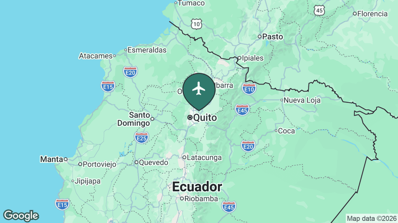 Map showing the location of Mariscal Sucre International Airport (UIO) near Quito, Ecuador