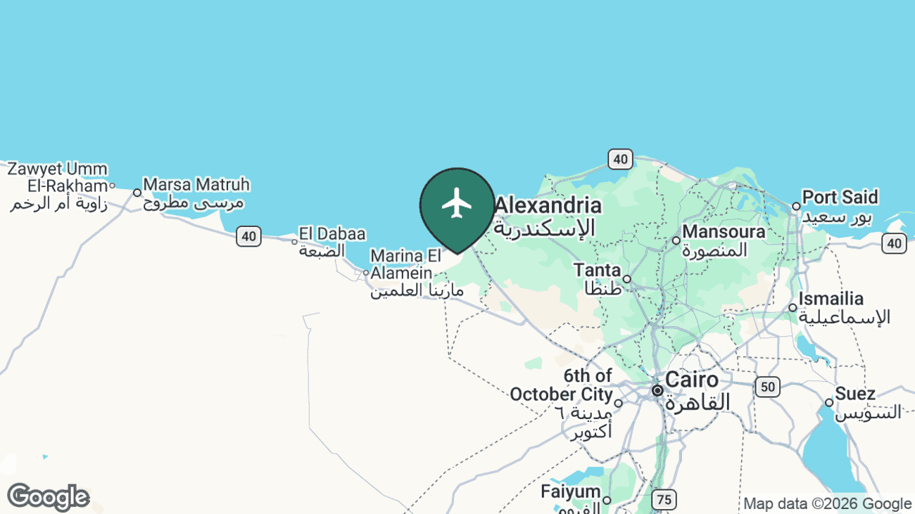 Map showing the location of Borg El Arab (Alexandria) Airport (HBE) in Egypt