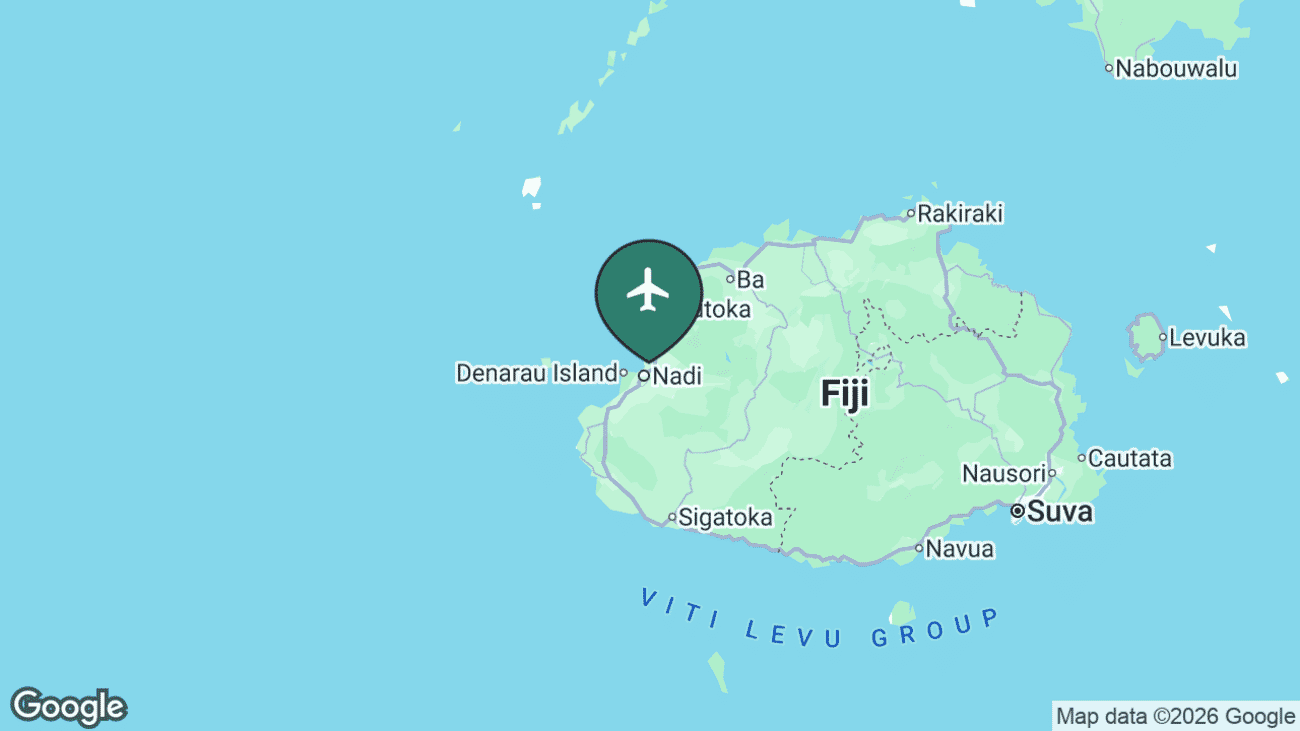 Map showing the location of Nadi International Airport (NAN) on the western coast of Viti Levu in Fiji