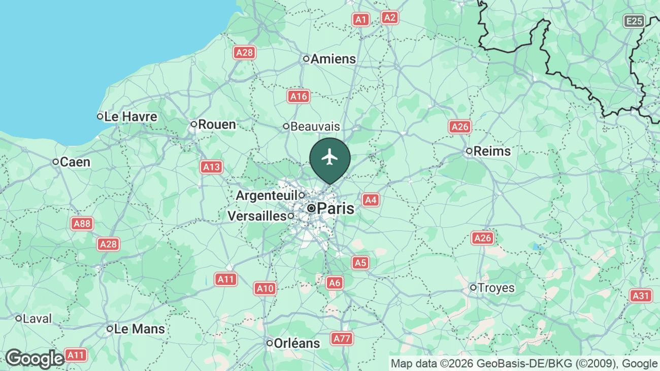 Map showing the location of Charles de Gaulle Airport (CDG) near Paris, France