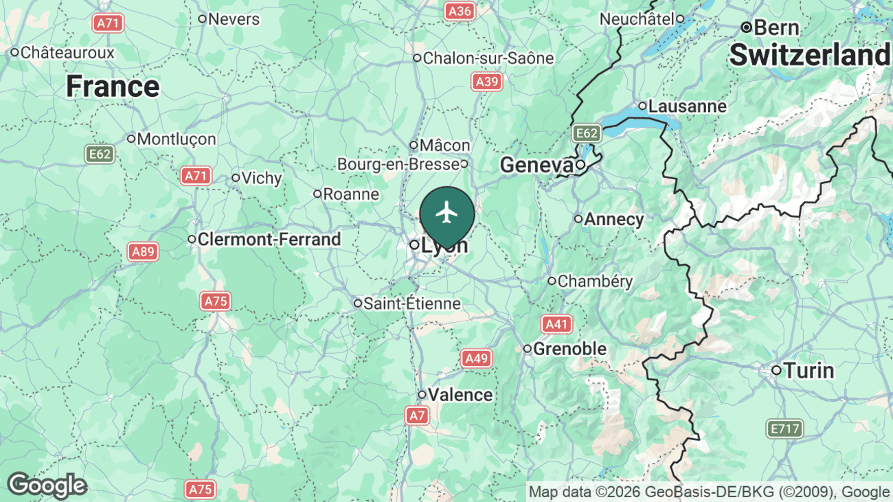 Map showing the location of Lyon-Saint-Exupéry Airport (LYS) near Lyon, France