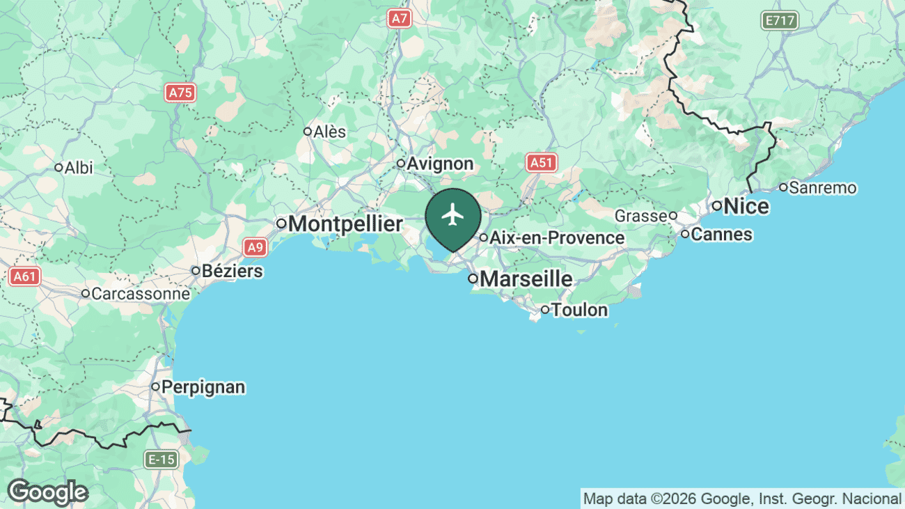 Map showing the location of Marseille Provence Airport (MRS) near Marseille, France