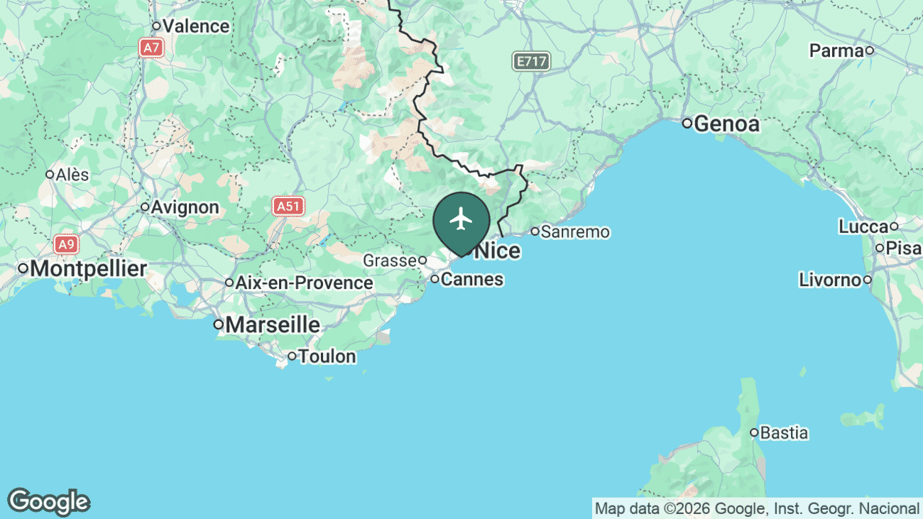 Map showing the location of Nice-Côte d'Azur Airport (NCE) near Nice, France