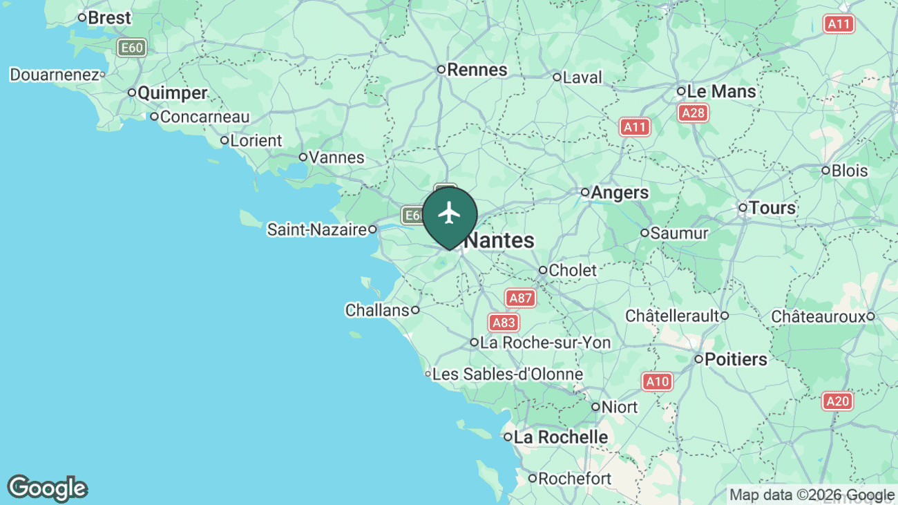 Map showing the location of Nantes Atlantique Airport (NTE) near Nantes, France