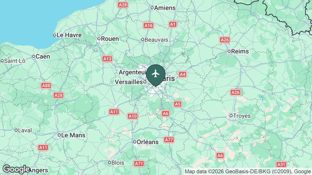 Map showing the location of Paris-Orly Airport (ORY) near Paris, France
