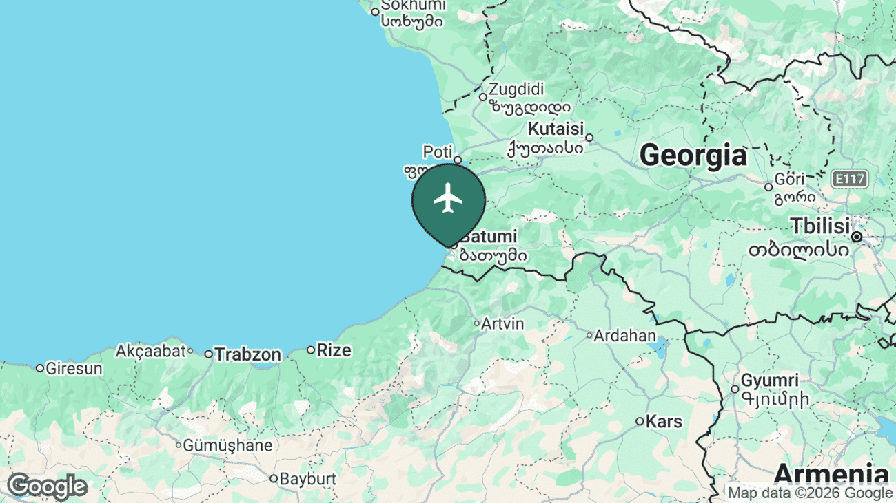 Map showing the location of Batumi International Airport (BUS) on Georgia's Black Sea coast