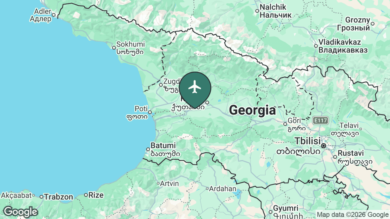 Map showing the location of David the Builder Kutaisi International Airport (KUT) in western Georgia